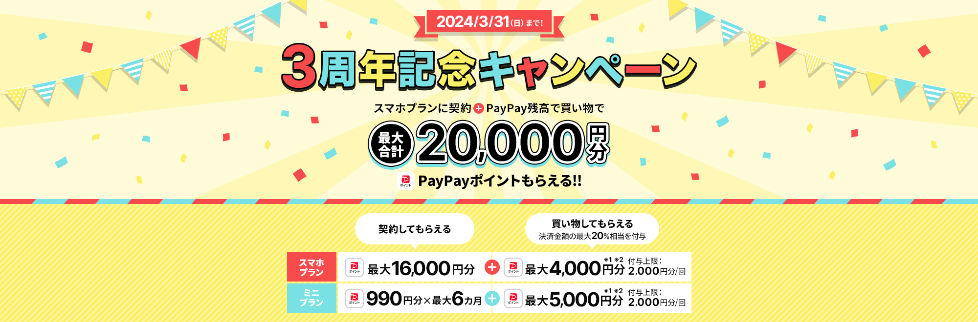 キャンペーン期間中にLINEMOの「スマホプラン」を契約すると、他社からの乗り換えまたは新しい番号で契約なら最大合計20,000円分のPayPayポイントをプレゼントします。さらに「ミニプラン」を契約すると、他社からの乗り換えまたは新しい番号で契約なら最大合計10,940円分のPayPayポイントをプレゼントします。