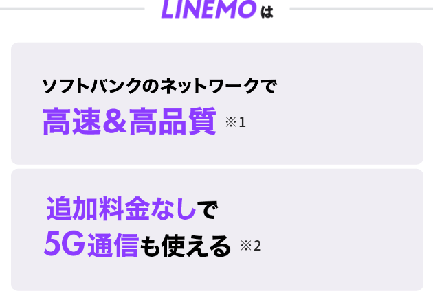 LINEMOは ソフトバンクのネットワークで高速＆高品質※1 追加料金なしで5G通信も使える※2
