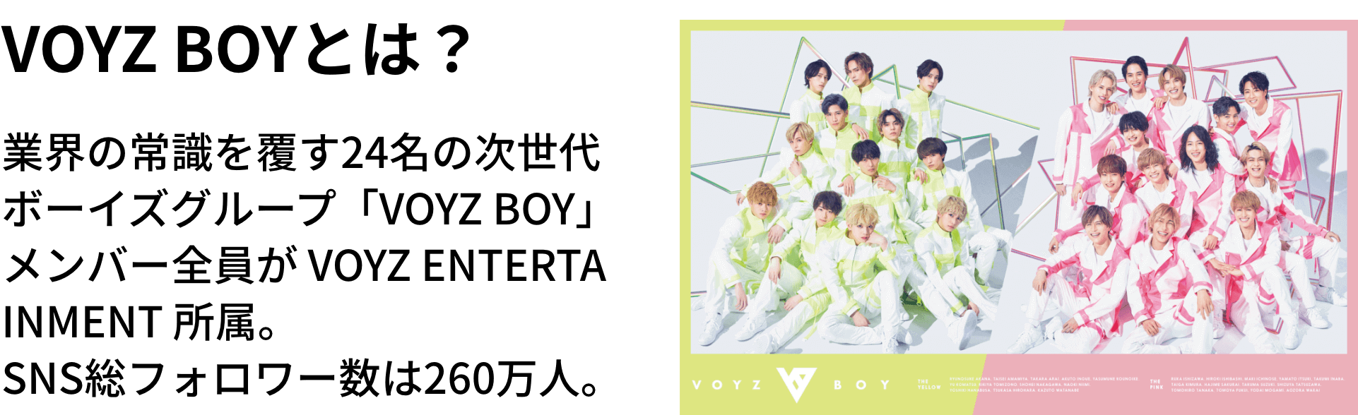 VOYZ BOYとは 業界の常識を覆す24名の次世代 ボーイズグループ「VOYZ BOY」 メンバー全員が VOYZ ENTERTA INMENT 所属。 SNS総フォロワー数は260万人。