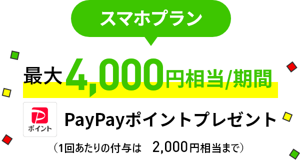 スマホプラン 最大4,000円相当/期間 PayPayポイントプレゼント（1回あたりの付与は2,000円相当まで）