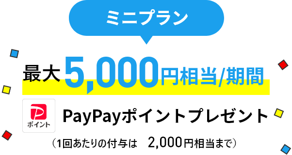 ミニプラン 最大5,000円相当/期間 PayPayポイントプレゼント（1回あたりの付与は2,000円相当まで）