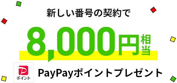 新しい番号の契約で 8,000円相当のPayPayポイントプレゼント