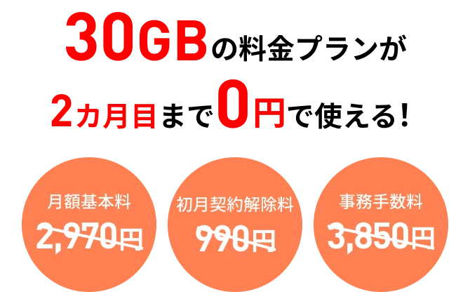 30GBの料金プランが2カ月目まで0円で使える！ 月額基本料2,970円が0円 初月契約解除料990円が0円 事務手数料3,850円が0円