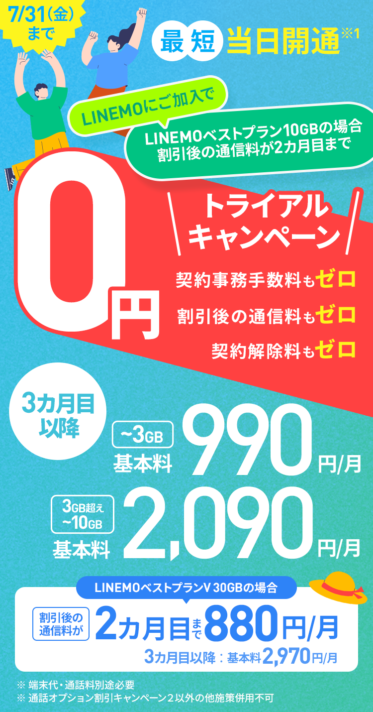 キャンペーン期間中にLINEMOのLINEMOベストプランにご加入すると、2カ月目まで初月契約解除料や契約事務手数料、基本料が無料でお試しいただけます。