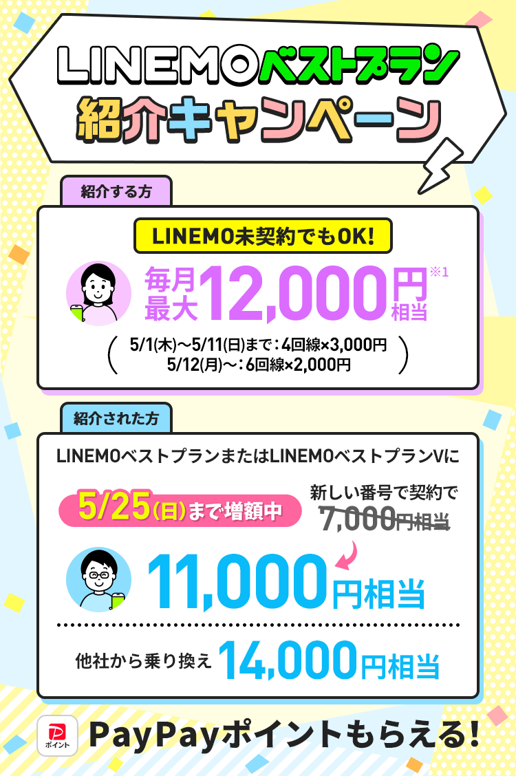 キャンペーン期間中にLINEMOを紹介すると、最大12,000円相当のPayPayポイントをプレゼント。紹介された方はLINEMOベストプランまたはLINEMOベストプランVに新しい番号で契約で11,000円相当のPayPayポイントをプレゼント。