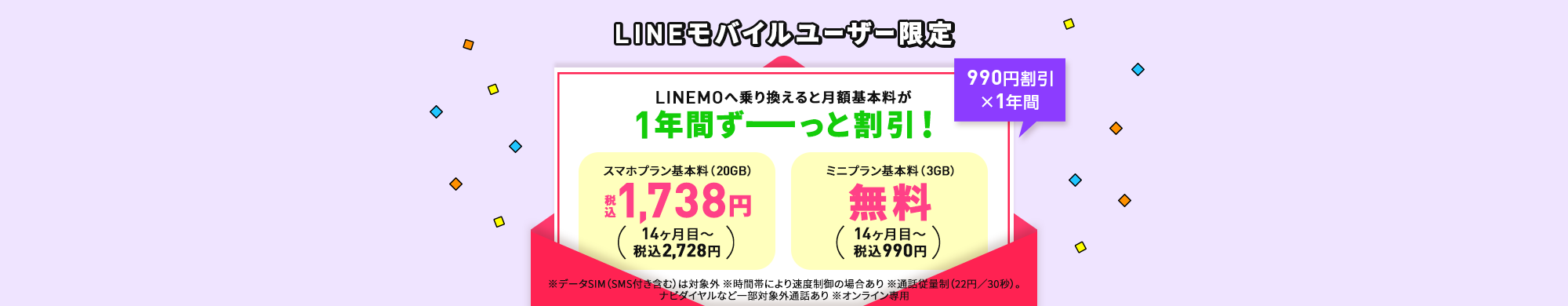 キャンペーン期間中に、LINEモバイル音声通話SIMをご利用の方が、LINEMOに乗り換えで契約で、毎月の基本料を最大13カ月間990円割り引きします。