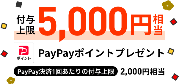 付与上限5,000円相当 最大6カ月間 PayPayポイントプレゼント PayPay決済1回あたりの付与上限 2,000円相当