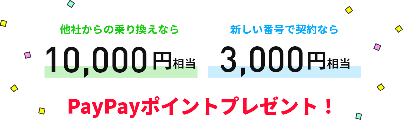 キャンペーン期間中に、他社からの乗り換えなら10,000円相当、新しい番号で契約なら3,000円相当のPayPayポイントをプレゼント！