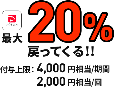 最大20％戻ってくる！ 付与上限：4,000円相当/期間・2,000円相当/回