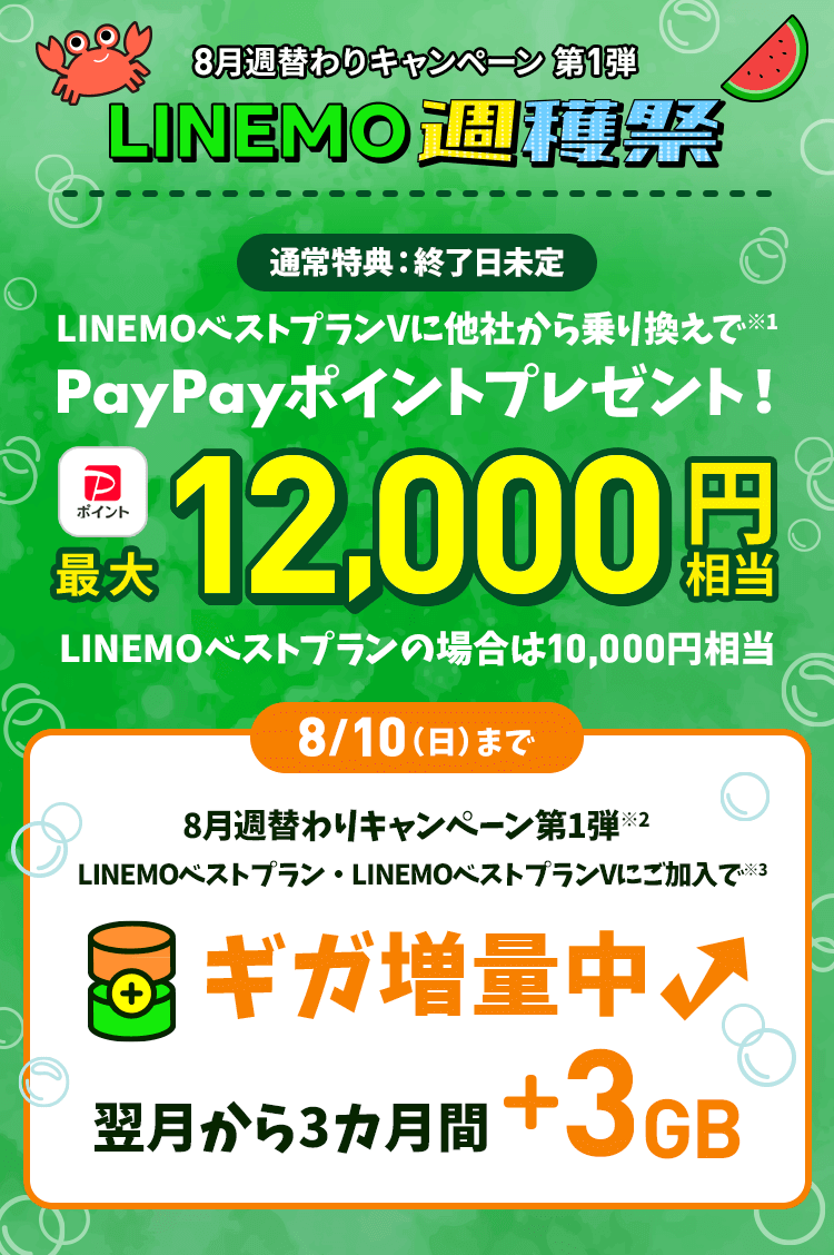 ソフトバンクの格安SIM「LINEMO」の週替わりキャンペーン第1弾！8/10(日)まで、LINEMOベストプラン・LINEMOベストプランVにお申込みもしくはプラン変更で、翌月から3カ月間3GB増量！格安SIMを始めるなら今がチャンス！