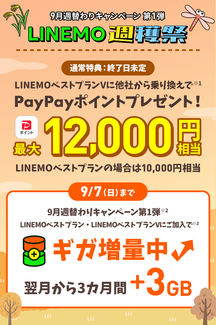 ソフトバンクの格安SIM「LINEMO」の週替わりキャンペーン第1弾！9/7(日)まで、LINEMOベストプラン・LINEMOベストプランVにお申込みもしくはプラン変更で、翌月から3カ月間3GB増量！格安SIMを始めるなら今がチャンス！