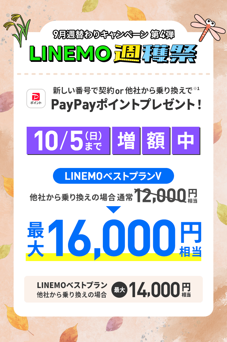 ソフトバンクの格安SIM「LINEMO」の週替わりキャンペーン第4弾！10/5(日)まで、LINEMOに他社から乗り換え、または新しい電話番号で契約すると、LINEMOベストプランVなら最大16,000円相当、LINEMOベストプランなら最大14,000円相当のPayPayポイントをプレゼント！格安SIMを始めるなら今がチャンス！