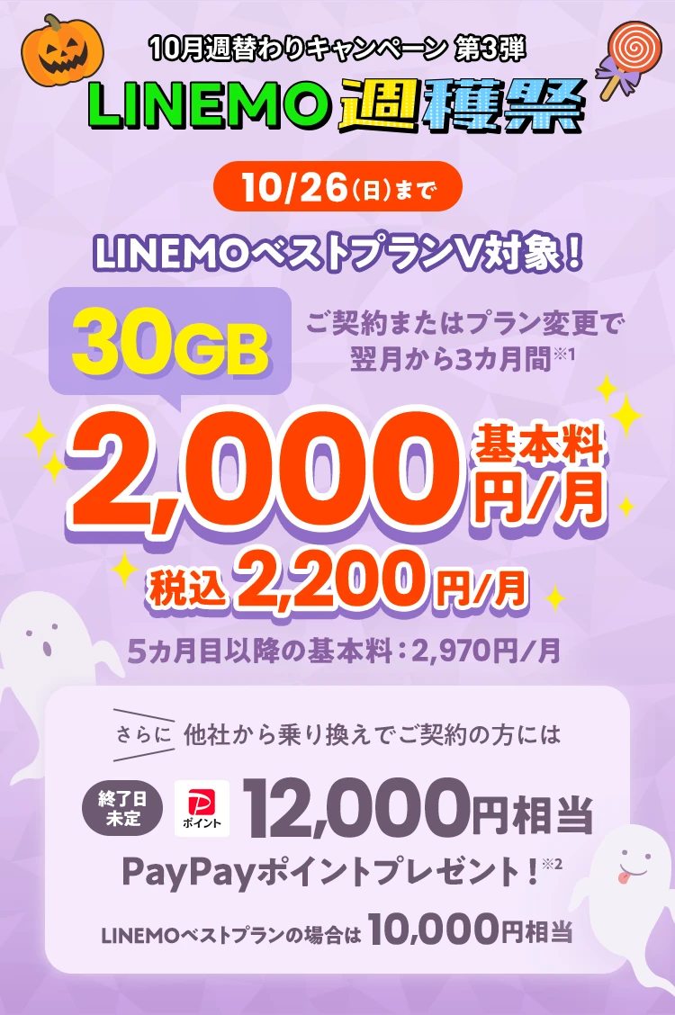 ソフトバンクの格安SIM「LINEMO」の週替わりキャンペーン第3弾！10/26(日)まで、LINEMOベストプランVが3カ月間30GB2,000円で使える。さらに他社からのりかえで契約すると12,000円相当のPayPayポイントをプレゼント！格安SIMを始めるなら今がチャンス！
