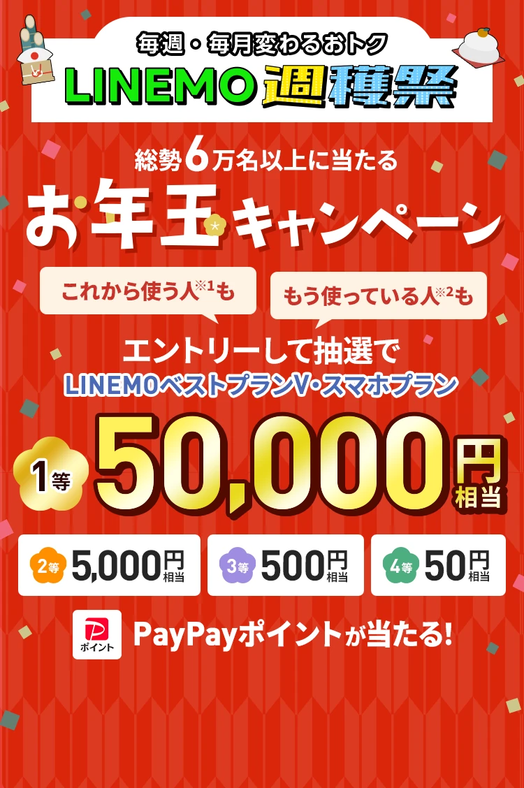 LINEMOをご契約中のお客さまで、当キャンペーンのエントリーフォームからエントリーされた方を対象に抽選で、「LINEMOベストプランV」または「スマホプラン」をご利用の場合は最大50,000円相当、「LINEMOベストプラン」または「ミニプラン」をご利用の場合は最大10,000円相当のPayPayポイントが当たる！