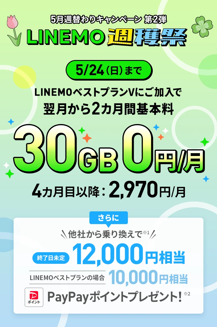 ソフトバンクの格安SIM「LINEMO」の週替わりキャンペーン第2弾！5/24(日)まで、LINEMOベストプランV30GBの基本料がキャンペーン適用月から2カ月間0円で使える。さらに他社からのりかえで契約すると12,000円相当のPayPayポイントをプレゼント！格安SIMを始めるなら今がチャンス！