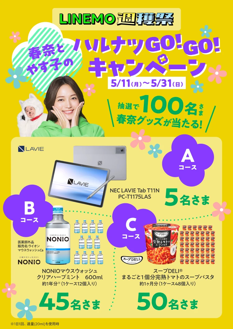 期間中にキャンペーンサイト経由でエントリーされた方から抽選で、タブレットPCやマウスウォッシュ、カップスープなどの人気商品をプレゼント！