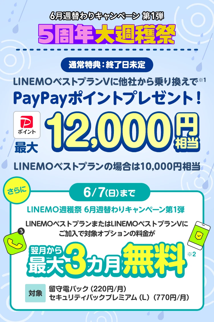 ソフトバンクの格安SIM「LINEMO」の週替わりキャンペーン第1弾！6/7(日)まで、留守電パック＋セキュリティパックプレミアム（L）3カ月無料。さらにLINEMOベストプランVに他社からのりかえで契約すると12,000円相当のPayPayポイントをプレゼント！格安SIMを始めるなら今がチャンス！