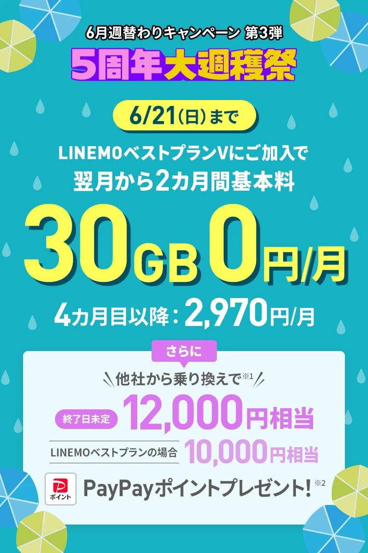 ソフトバンクの格安SIM「LINEMO」の週替わりキャンペーン第3弾！6/21(日)まで、LINEMOベストプランV30GBの基本料がキャンペーン適用月から2カ月間0円で使える。さらに他社からのりかえで契約すると12,000円相当のPayPayポイントをプレゼント！格安SIMを始めるなら今がチャンス！