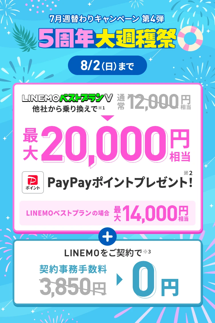 ソフトバンクの格安SIM「LINEMO」の週替わりキャンペーン第4弾！8/2（日）まで、LINEMOに他社から乗り換え、または新しい電話番号で契約すると、LINEMOベストプランVなら最大20,000円相当、LINEMOベストプランなら最大14,000円相当のPayPayポイントをプレゼント！さらに他社から乗り換え、または新しい電話番号で契約された方を対象に契約事務手数料3,850円（税込）を割引！格安SIMを始めるなら今がチャンス！