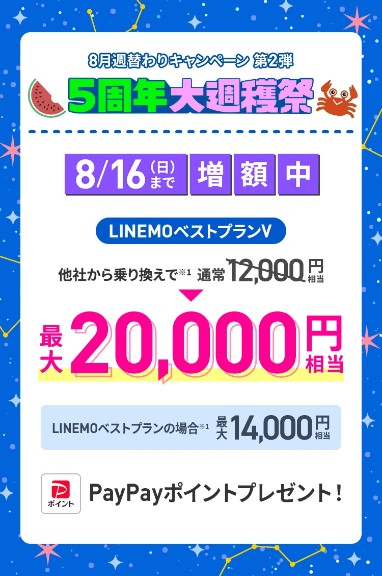 ソフトバンクの格安SIM「LINEMO」の週替わりキャンペーン第2弾！8/16（日）まで、LINEMOに他社から乗り換え、または新しい電話番号で契約すると、LINEMOベストプランVなら最大20,000円相当、LINEMOベストプランなら最大14,000円相当のPayPayポイントをプレゼント！格安SIMを始めるなら今がチャンス！