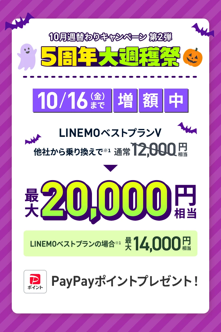 ソフトバンクの格安SIM「LINEMO」の週替わりキャンペーン第2弾！10/16（金）まで、LINEMOに他社から乗り換え、または新しい電話番号で契約すると、LINEMOベストプランVなら最大20,000円相当、LINEMOベストプランなら最大14,000円相当のPayPayポイントをプレゼント！格安SIMを始めるなら今がチャンス！