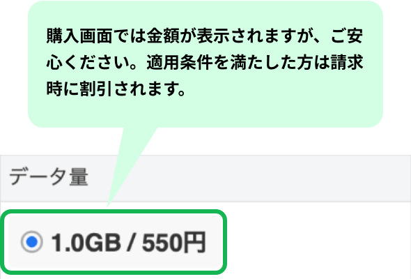 購入画面では金額が表示されますが、ご安心ください。適用条件を満たした方は請求時に割引されます。