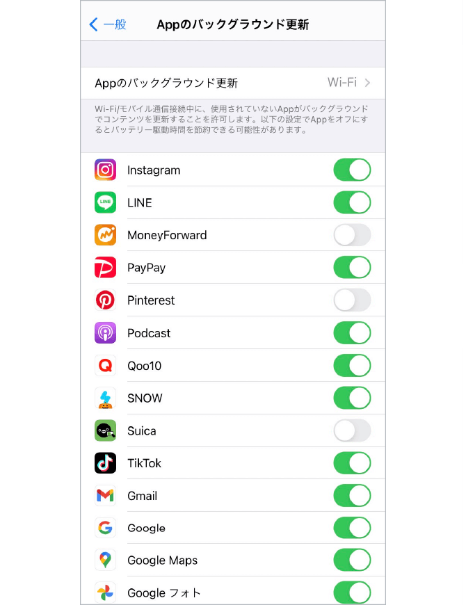 4.アプリごとにオン・オフを設定したい場合は、「Appのバックグラウンド更新」画面の下に表示されているアプリ一覧から設定します。