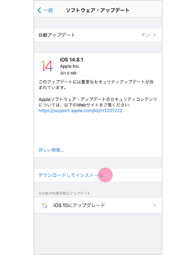 3.「ダウンロードしてインストール」または「今すぐインストール」をタップします。利用可能なアップデートが2つ表示されている場合は、インストールしたいほうを選択しましょう。