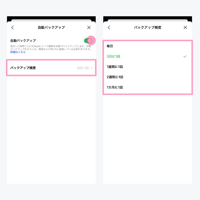 5.「自動バックアップ」をオンにし、自動でバックアップをとる頻度を選択したら完了です。