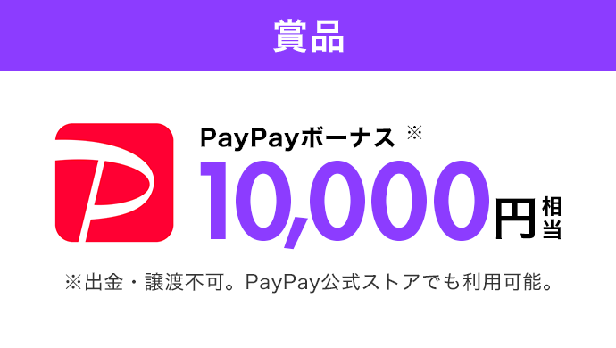 賞品 PayPayボーナス10,000円相当 出金・譲渡不可。PayPay公式ストアでも利用可能。