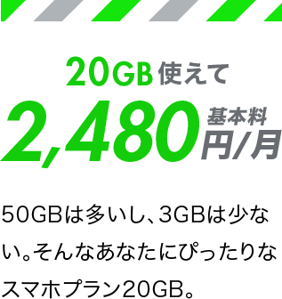 20GB使えて基本料2,480円/月 50GBは多いし、3GBは少ない。そんなあなたにぴったりなスマホプラン20GB。