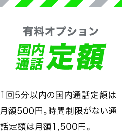 有料オプション国内通話定額 1回5分以内の国内通話定額は月額500円。時間制限がない通話定額は月額1,500円。