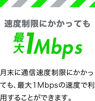 速度制限にかかっても最大1Mbps 月末に通信速度制限にかかっても、最大1Mbpsの速度で利用することができます。