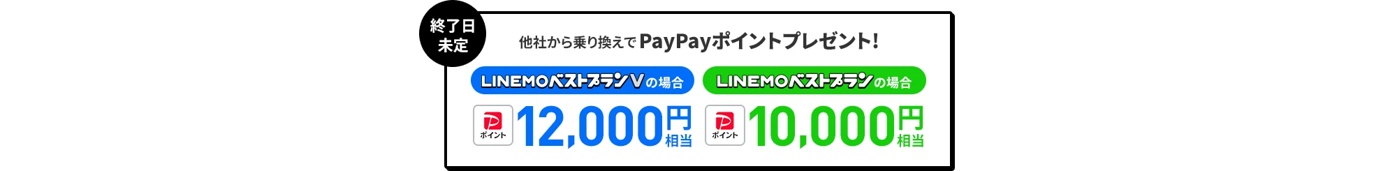 終了日未定 他社から乗り換えでPayPayポイントプレゼント!LINEMOベストプランVの場合 12000円相当 LINEMOベストプランの場合 10000円相当