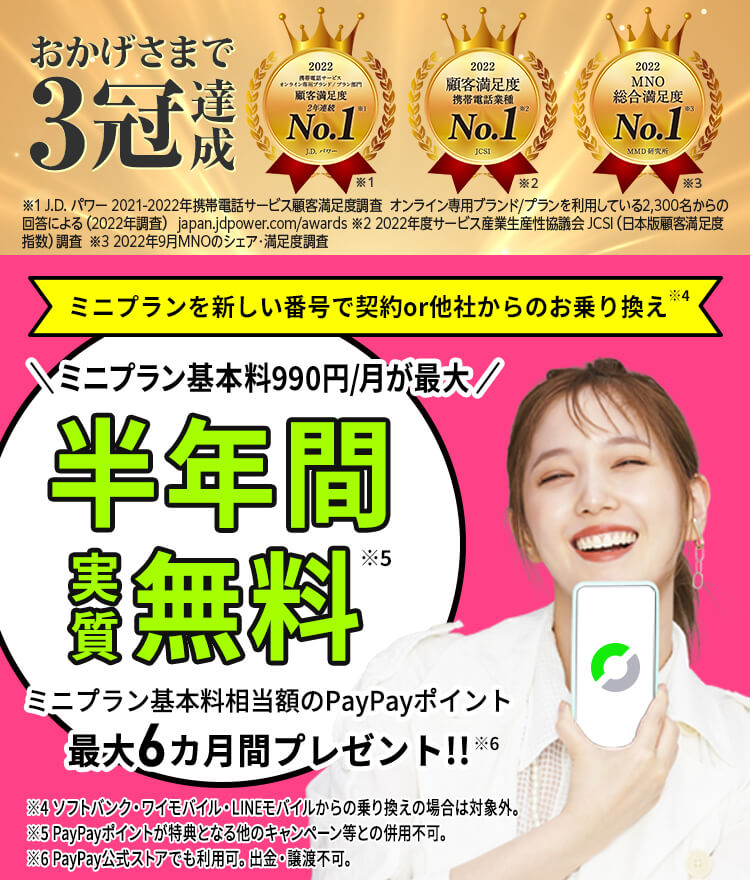ミニプラン3GB 900円/月(税込990円)※通話料別*1 時間帯により速度制御の場合あり *1通話従量制(税込22円/30秒)。 ナビダイヤル(0570から始まる番号)など異なる料金の電話番号があり おかげさまで3冠達成!