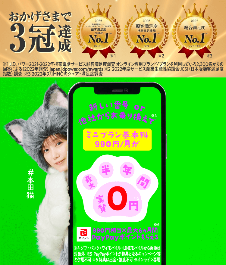 ミニプラン3GB 900円/月(税込990円)が最大半年間実質無料!おかげさまで3冠達成!