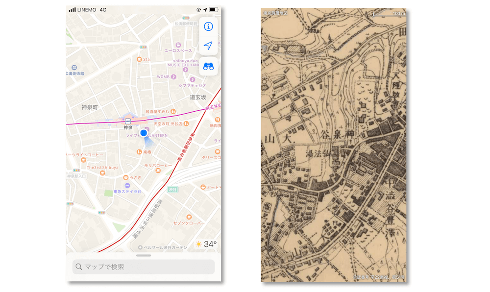 Appleが提供するiPhoneの地図アプリ（左）と東京時層地図で見た明治の終わり頃の地図（右）。同じ場所でもまったく様子が違う。