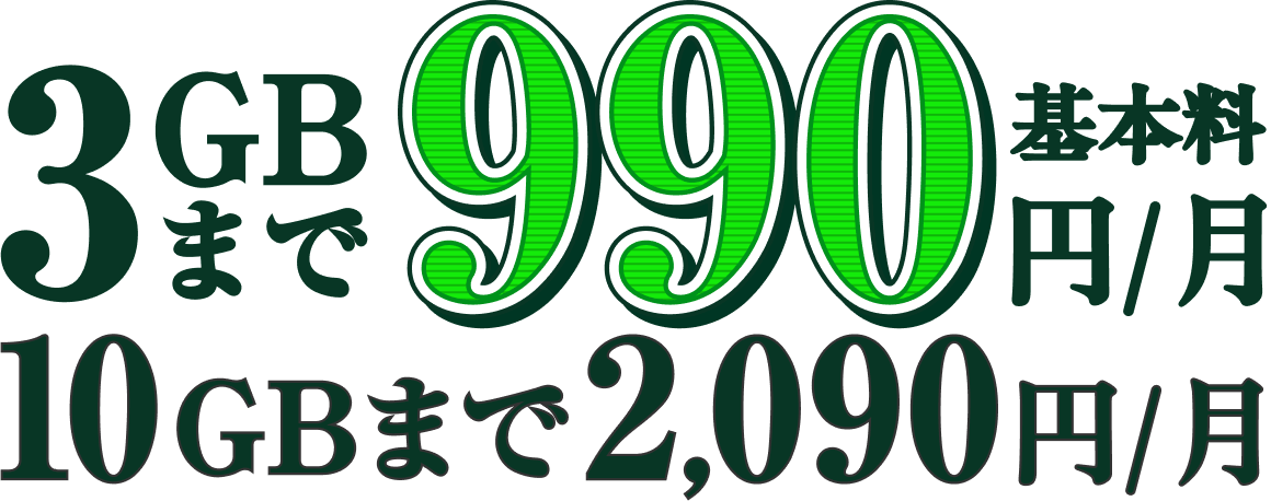 基本料 3GBまで990円/月 10GBまで2,090円/月
