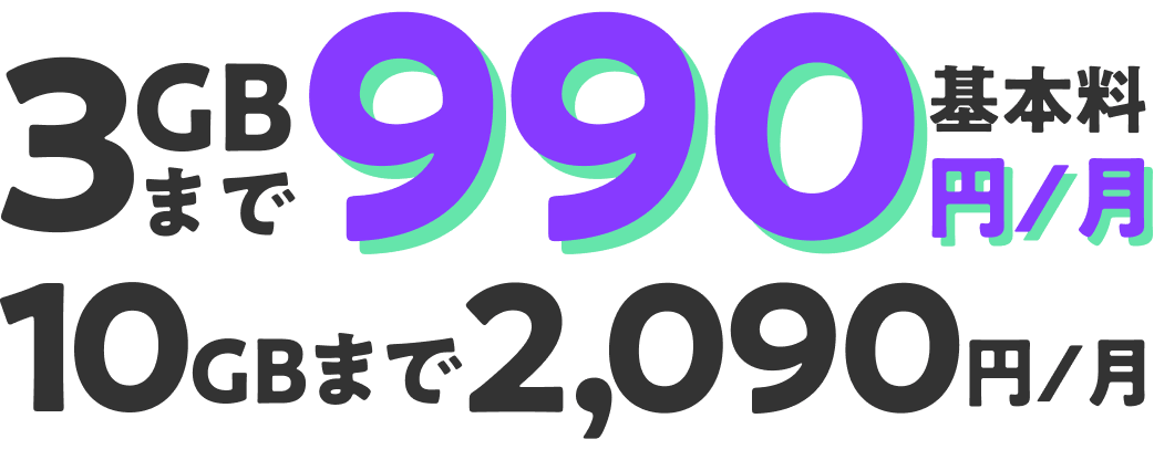 基本料 3GBまで990円/月 10GBまで2,090円/月