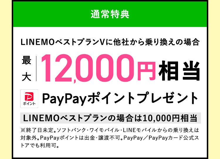 通常特典 LINEMOベストプランVに他社から乗り換えの場合 最大12,000円相当 PayPayポイントプレゼント LINEMOベストプランの場合は10,000円相当 ※終了日未定。ソフトバンク・ワイモバイル・LINEモバイルからの乗り換えは対象外。PayPayポイントは出金・譲渡不可。PayPay／PayPayカード公式ストアでも利用可。
