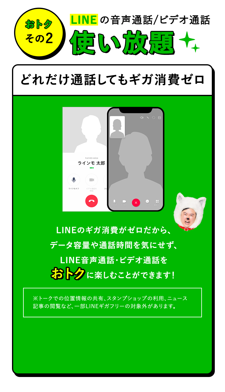 おトクその2 LINEの音声通話／ビデオ通話使い放題 どれだけ通話してもギガ消費ゼロ LINEの画面画像 LINEのギガ消費がゼロだから、データ容量や通話時間を気にせず、LINE音声通話・ビデオ通話をおトクに楽しむことができます！ ※トークでの位置情報の共有、スタンプショップの利用、ニュース記事の閲覧など、一部LINEギガフリーの対象外があります。