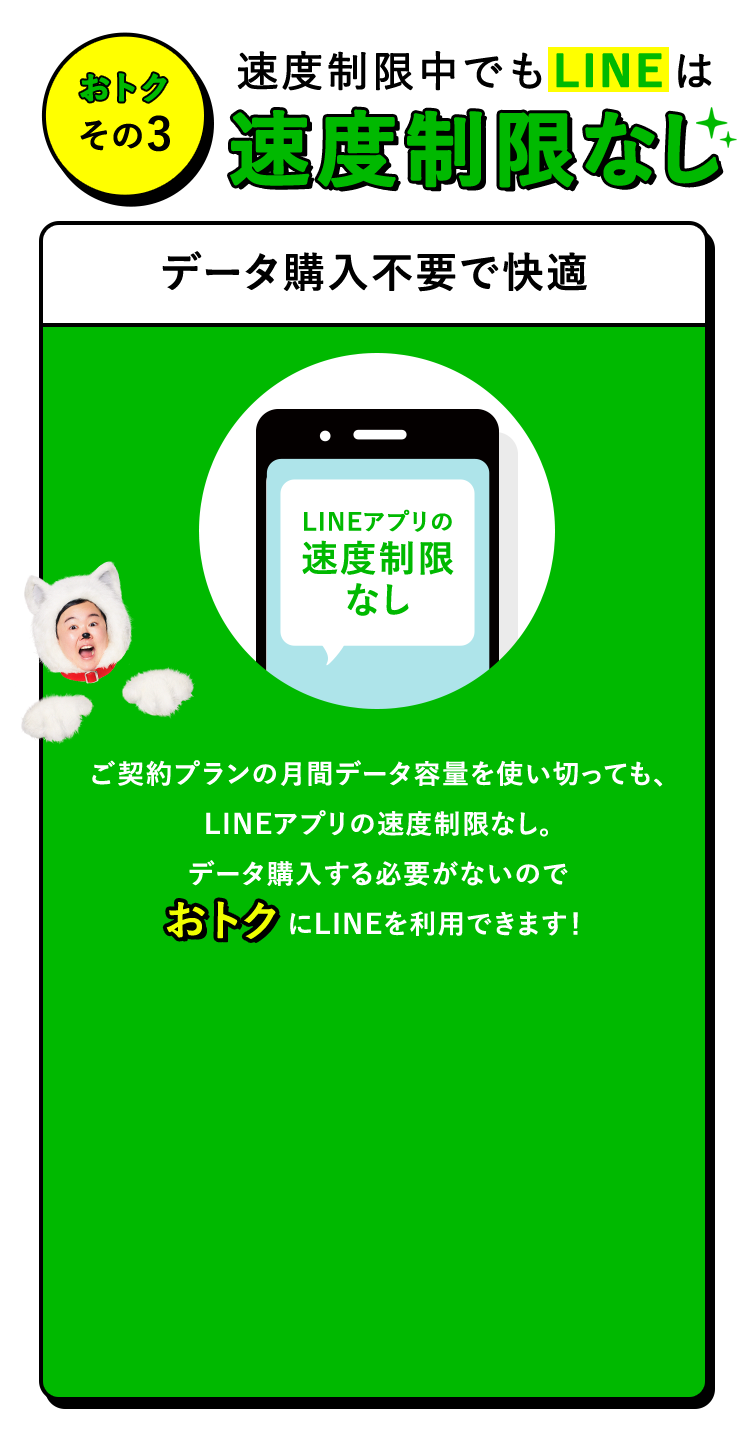 おトクその3 速度制限中でもLINEは速度制限なし データ購入不要で快適 LINEアプリの速度制限なし ご契約プランの月間データ容量を使い切っても、LINEアプリの速度制限なし。データ購入する必要がないのでおトクにLINEを利用できます！