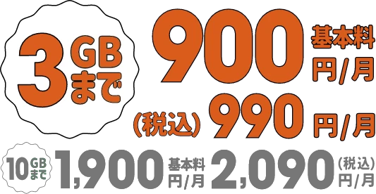 3GBまで 基本料900円/月（税込990円/月） 10GBまで 基本料1,900円/月（税込2,090円/月）