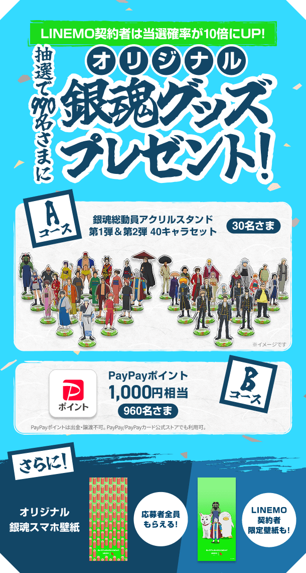 LINEMO契約者は当選確率が10倍にUP！抽選で990名様にオリジナル銀魂グッズプレゼント！ Aコース：銀魂総動員アクリルスタンド 第1弾&第2弾 40キャラセット（30名さま） Bコース：PayPayポイント1,000円相当（960名さま） さらに！応募者全員もらえる！オリジナル銀魂スマホ壁紙 LINEMO契約者限定壁紙も!