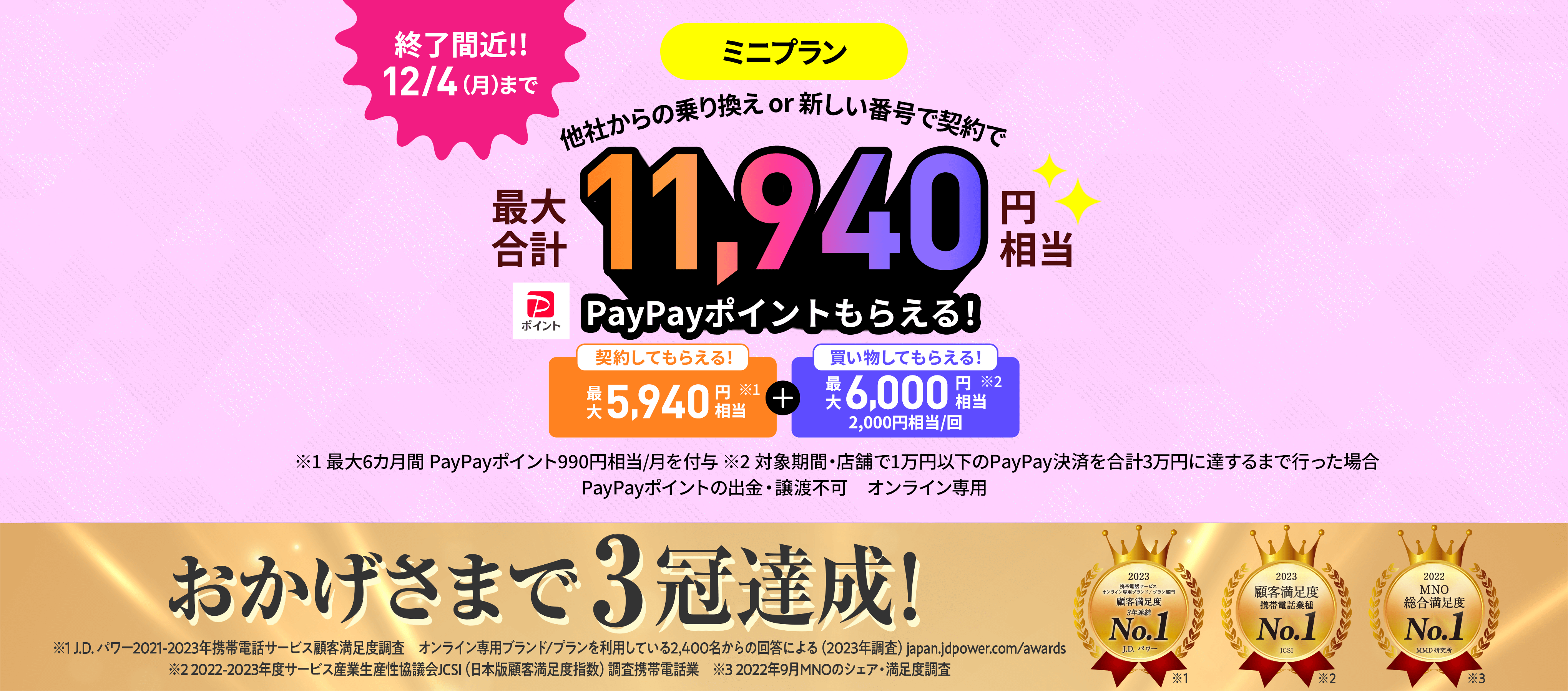 ミニプラン 他社から乗り換えまたは新しい番号で契約で最大11,940円相当PayPayポイントもらえる！ おかげさまで3冠達成！