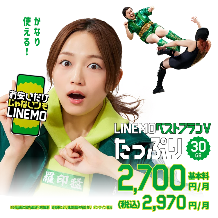 LINEMOベストプランV　たっぷり30GB 基本料2,700円/月 (税込)2,970円/月
