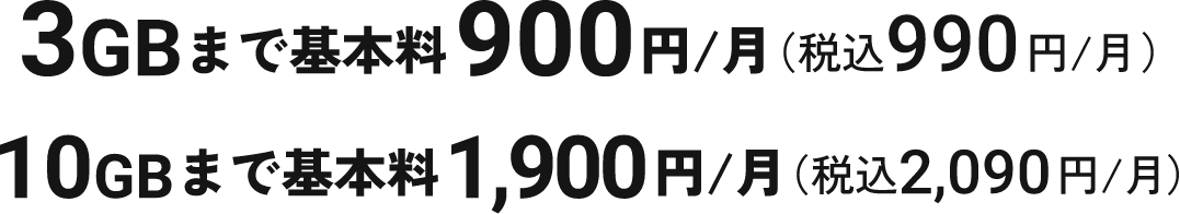 3GBまで基本料900円/月（税込990円/月） 10GBまで基本料1,900円/月（税込2,090円/月）