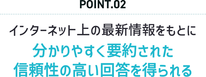 POINT.02 インターネット上の最新情報をもとに分かりやすく要約された信頼性の高い回答を得られる