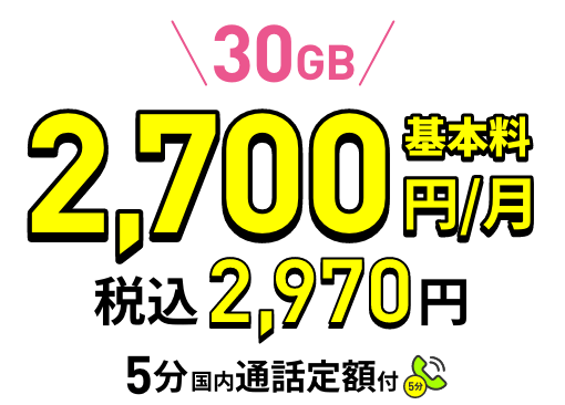 30GB 基本料2,700円/月 税込2,970円 5分国内通話定額付